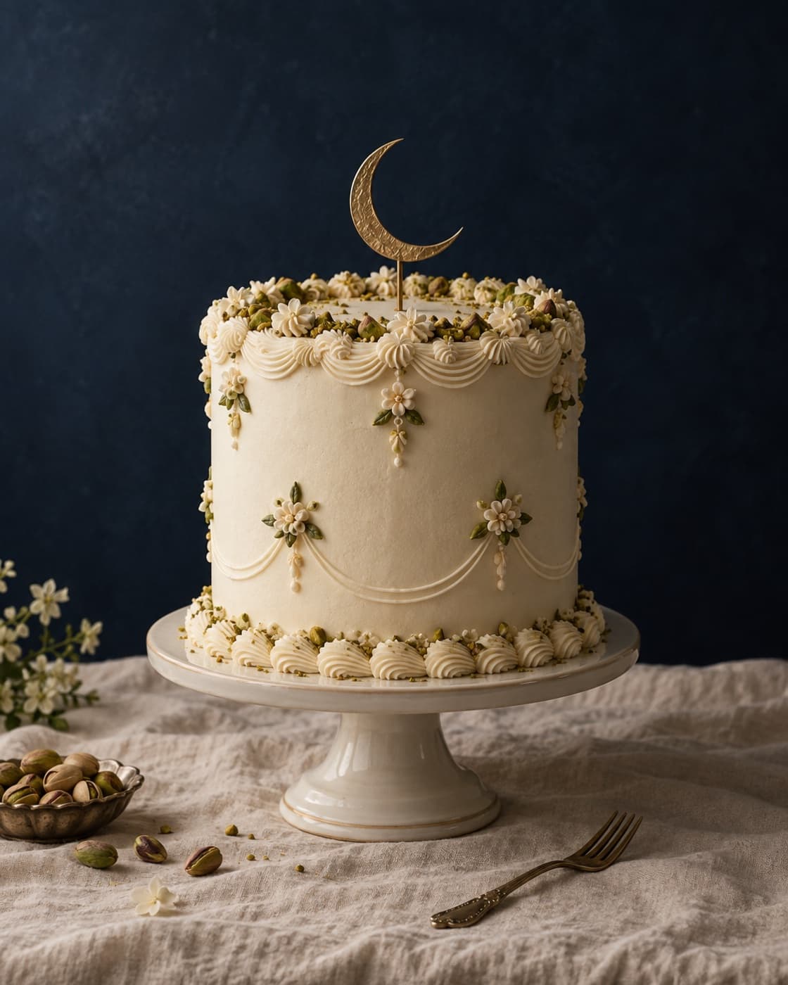 Design inspiration: an ivory celebration cake with delicate piping, pistachio accents and a golden crescent